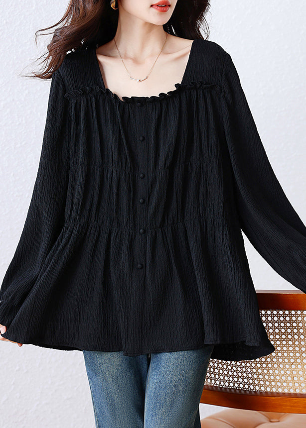 Black Square Collar Wrinkled Cotton Shirt Top Fall