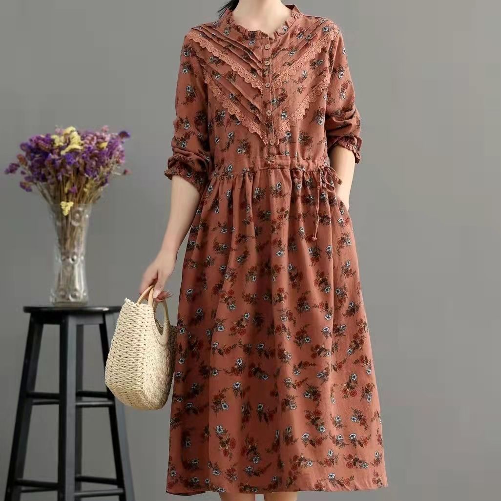 Blue Pockets Print Loose Fall Maxi Dress Long Sleeve