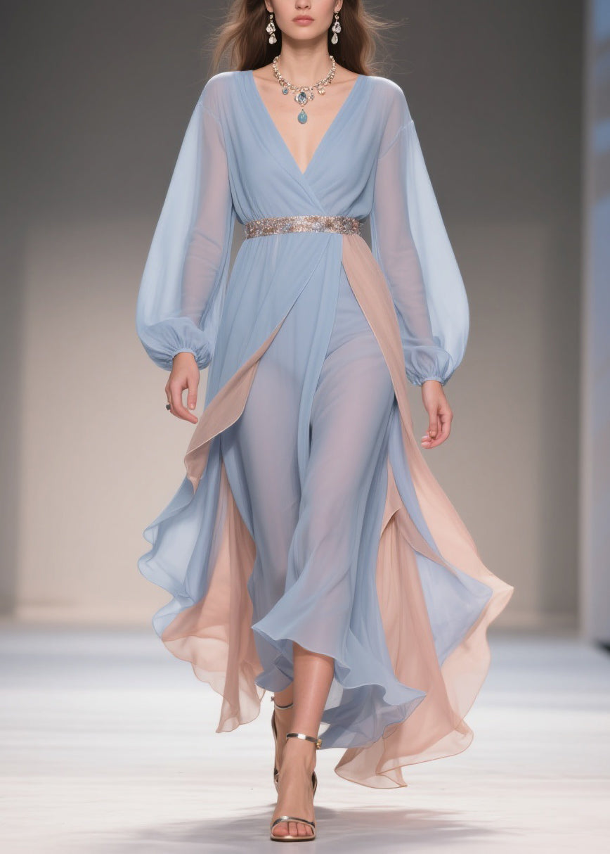 Blue Asymmetrical High Waist Patchwork Chiffon Party Dress