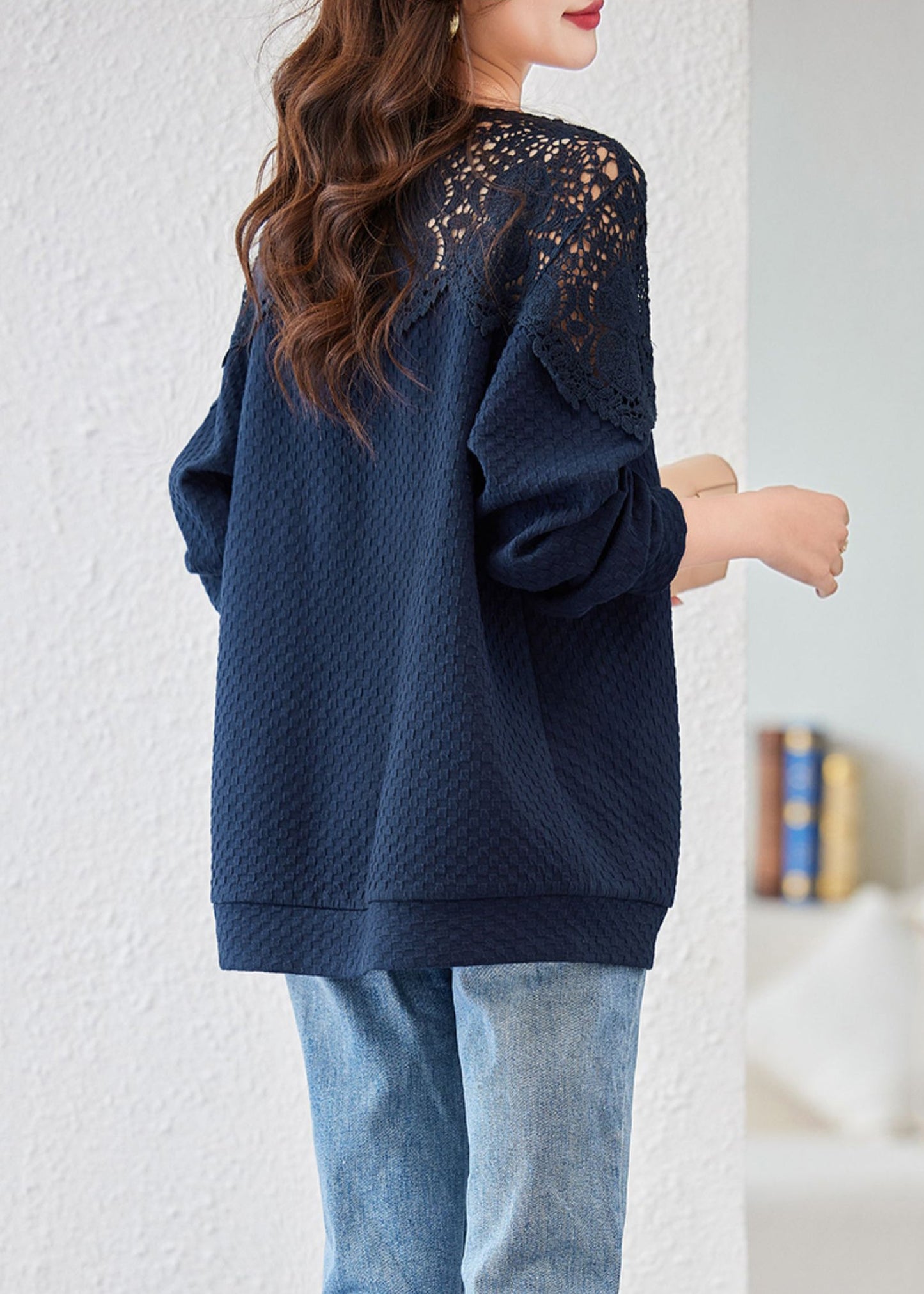 Navy Embroideried Hollow Out Cotton Tops Spring