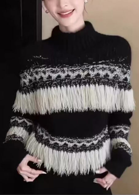 Black Tasseled Striped Knit Pullover Winter