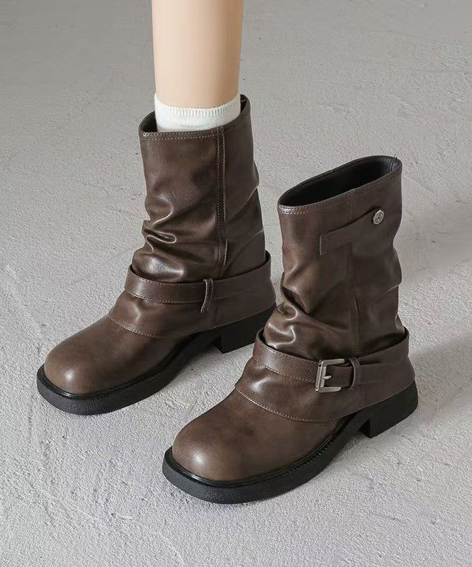 Brown Chunky Faux Leather Splicing Boots