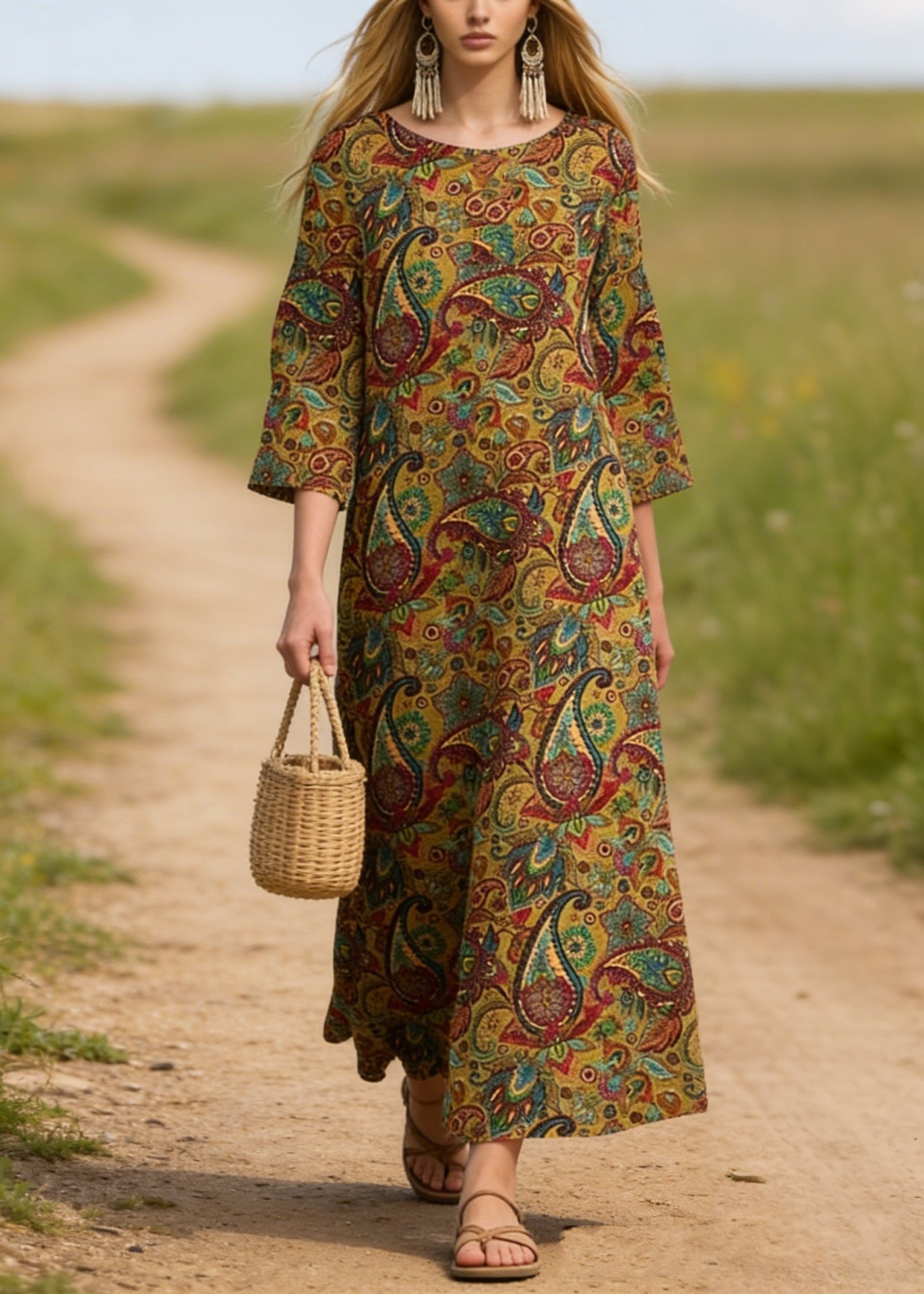 O Neck Print Cotton Long Dresses Summer
