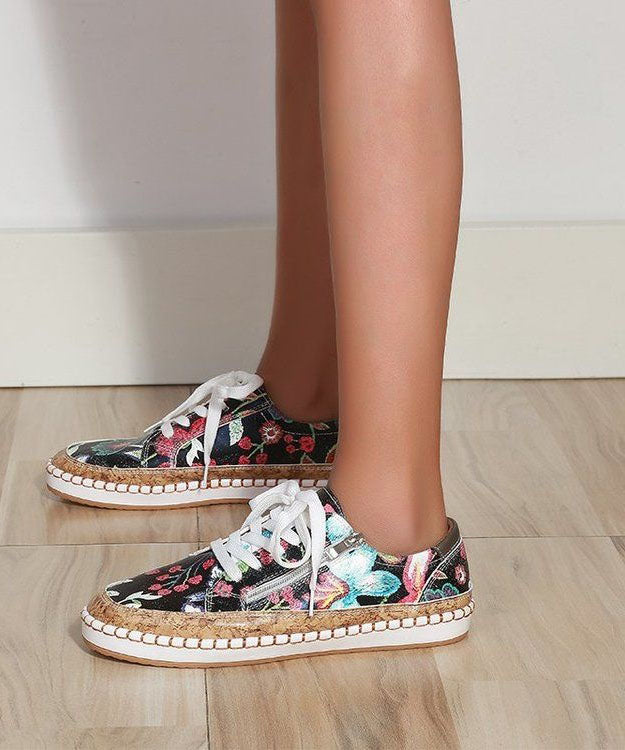 Embossed Splicing Lace Up Flat Feet Shoes Black Faux Leather