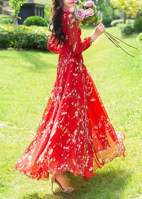 Fine Red Print Slim Chiffon Vacation Long Dresses Long Sleeve Fall