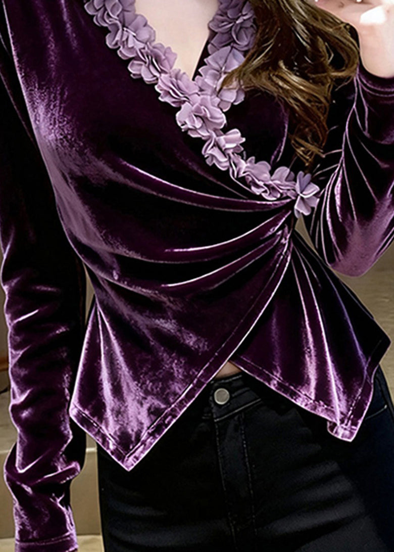 Purple V Neck Velour Shirts Spring