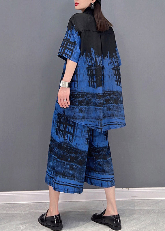 Art Blue Peter Pan Collar Top and Wide Leg Pants Two Piece Set Summer