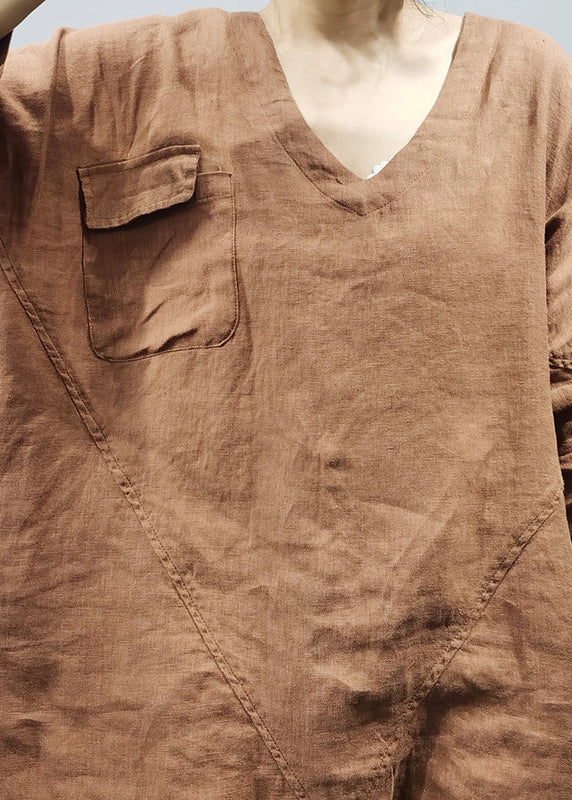 Orange V Neck Side Open Patchwork Linen Tops Spring
