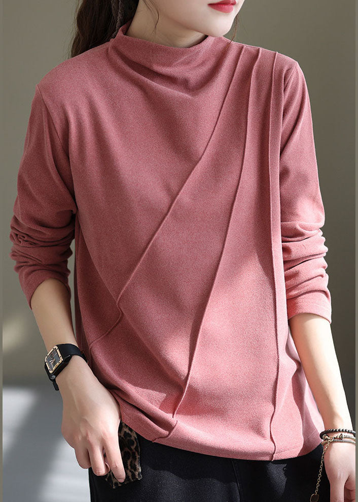 Organic Pink Stand Collar Wrinkled Tops Long Sleeve