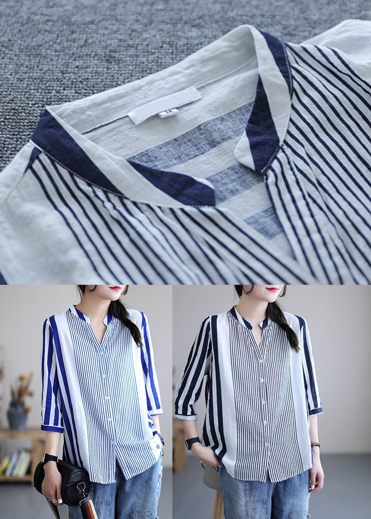 Blue V Neck Striped Cotton Blouses Bracelet Sleeve