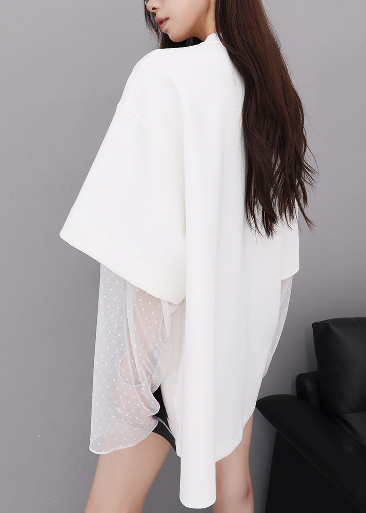 White O Neck Lace Patchwork Cotton T Shirts Fall