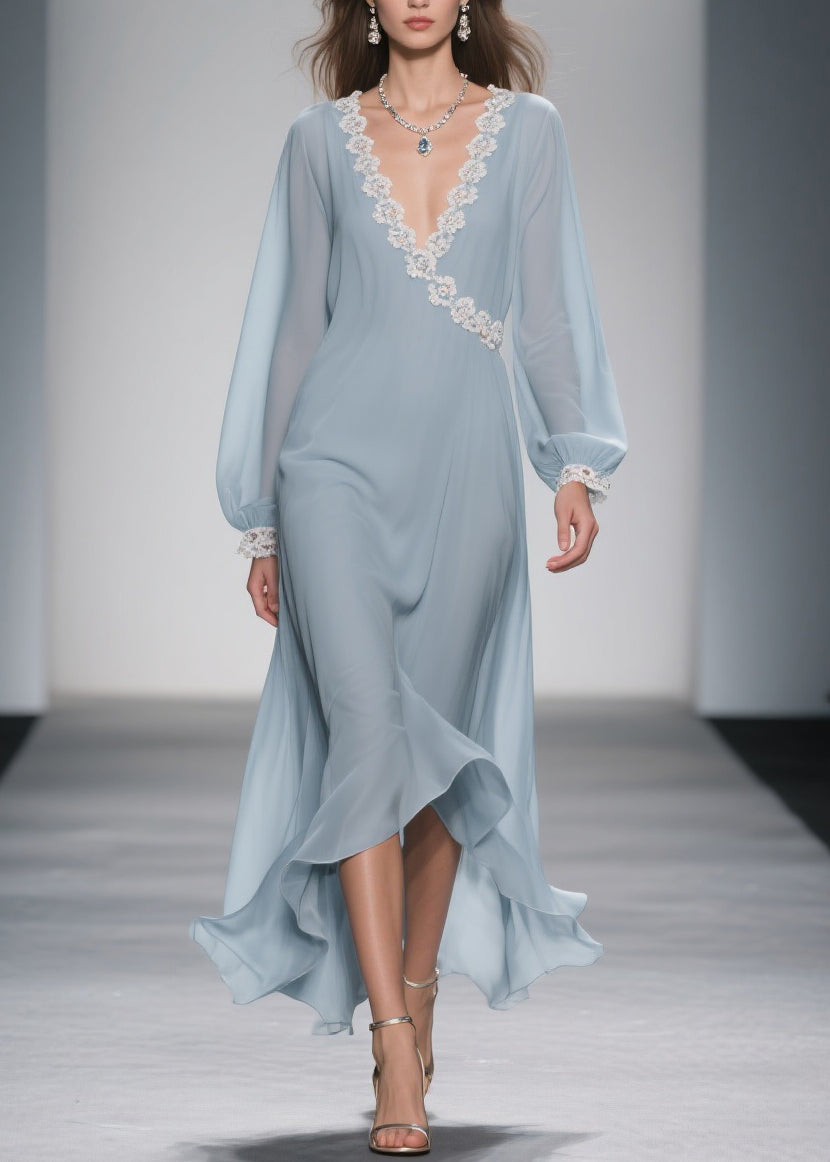 Blue Lace Chiffon Long Dress Spring