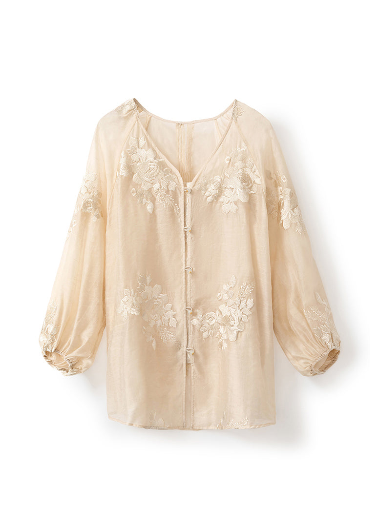 Beige V Neck Embroidered Silk Blouse Tops Fall