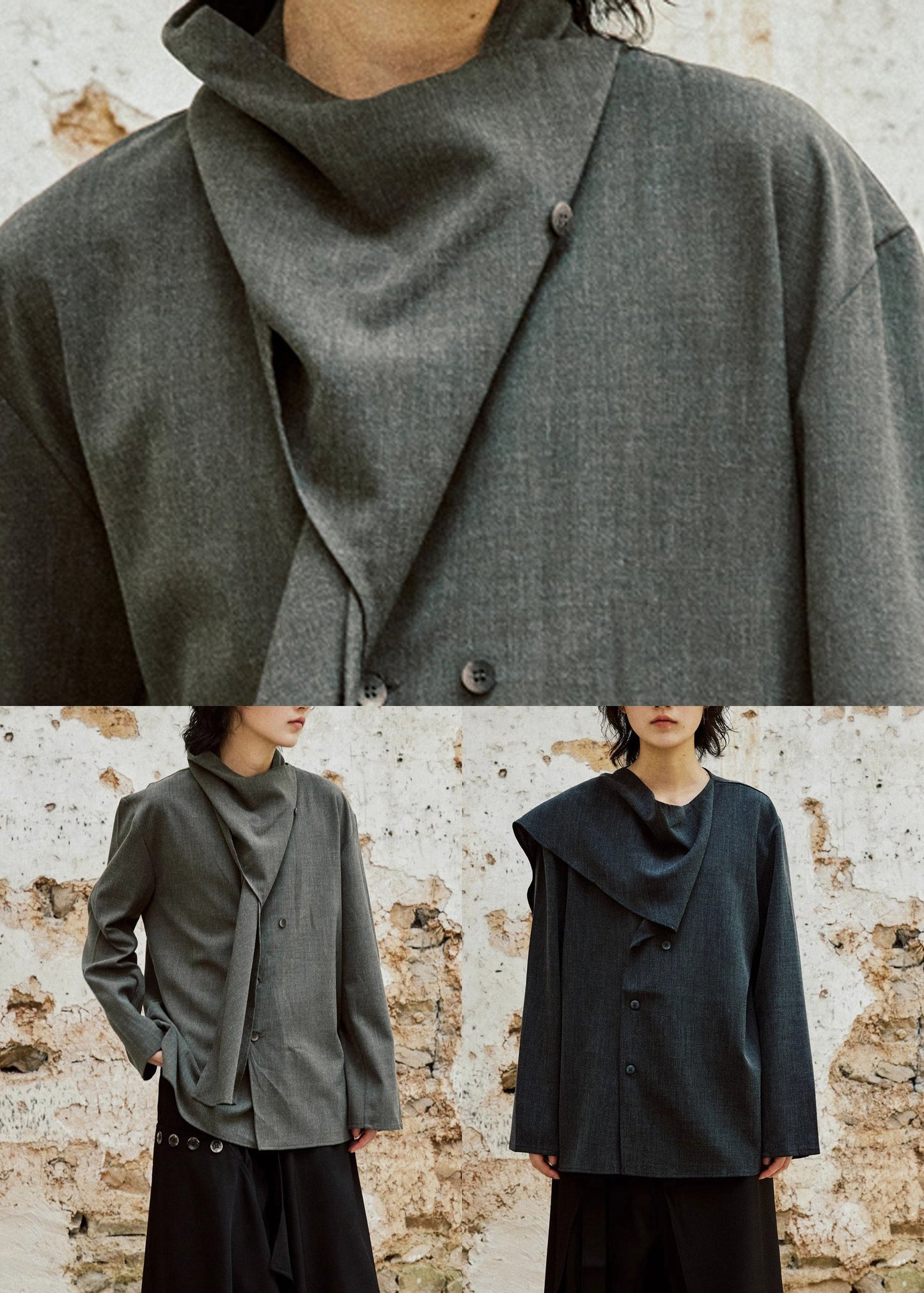 Grey Bow Button Shirt Long Sleeve