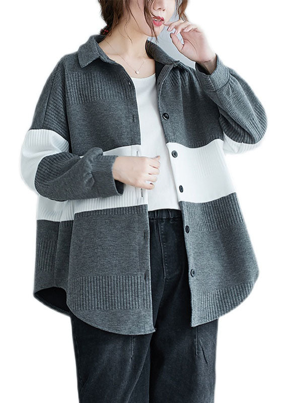 Grey Peter Pan Collar Button Patchwork Fall Shirt Top Long Sleeve