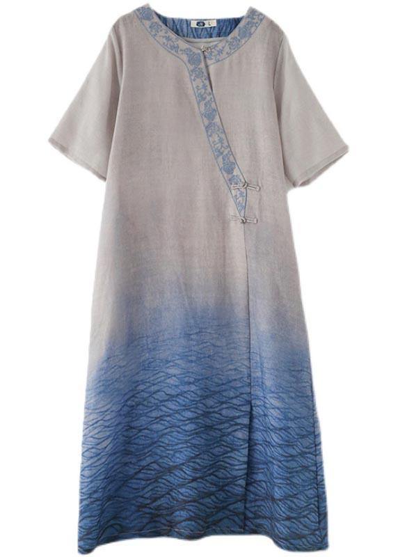 Blue Print Embroidery Oriental Mid Summer Linen Dress