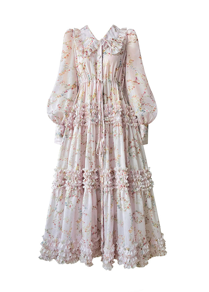 Pink Peter Pan Collar Print Chiffon Dresses Long Sleeve