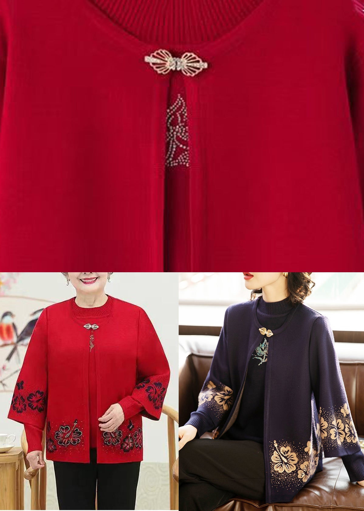Dark Purple Print Cotton Knit Cardigans and Sweaters Two Pieces Set Three Quarter Sleeve