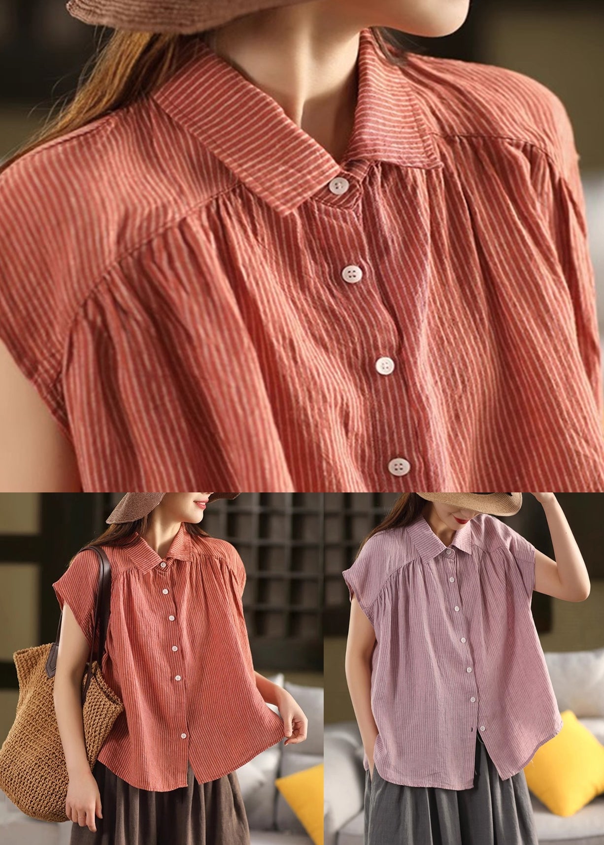 French Purple Peter Pan Striped Collar Linen Blouses Summer