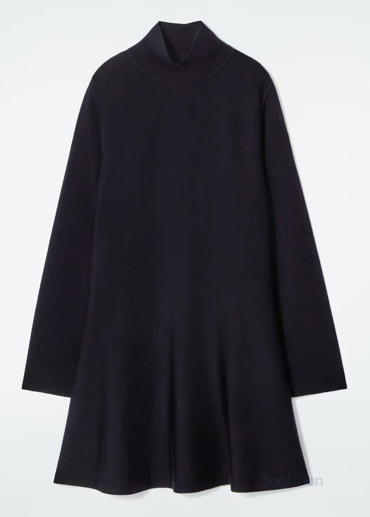 Black Stand Collar Knit Day a Line Dress Fall
