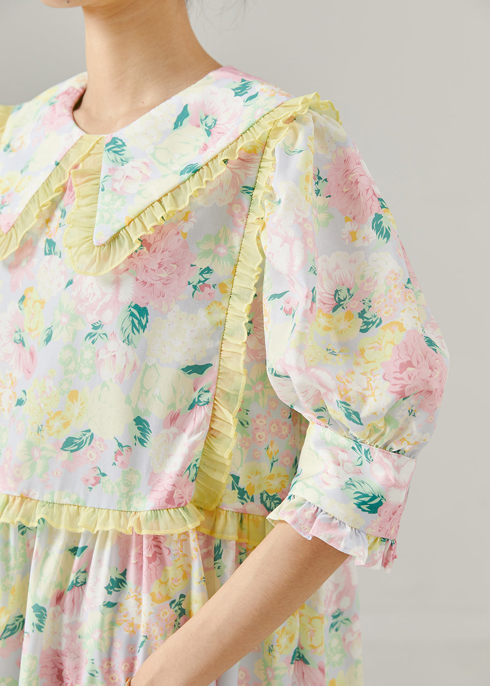 Modern Pink Ruffle Print Holiday Cotton Dress Puff Sleeve Summer