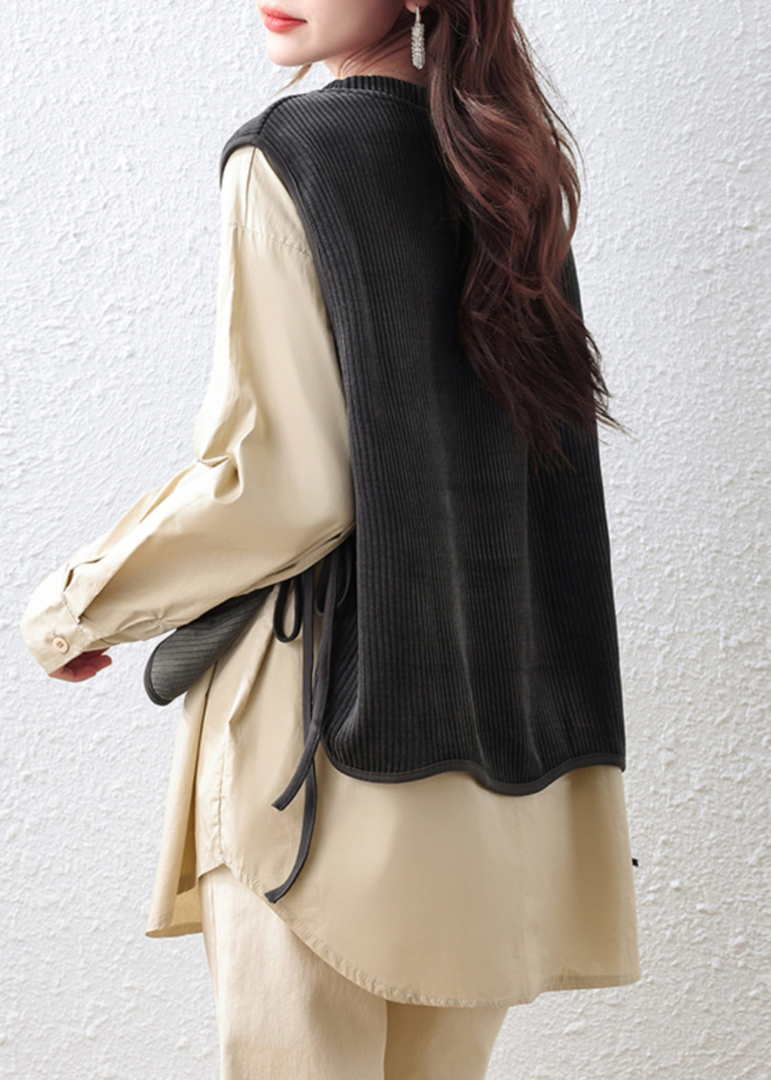 Khaki Oversized Patchwork Cotton Fake Two Piece Tops Fall