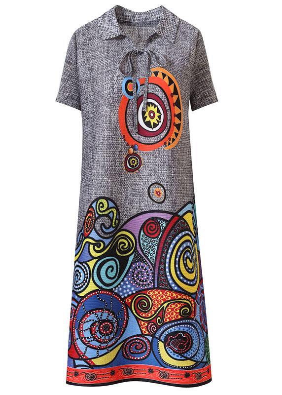 Simple Grey Print Peter Pan Collar Mandarin Collar Tie Summer Dress
