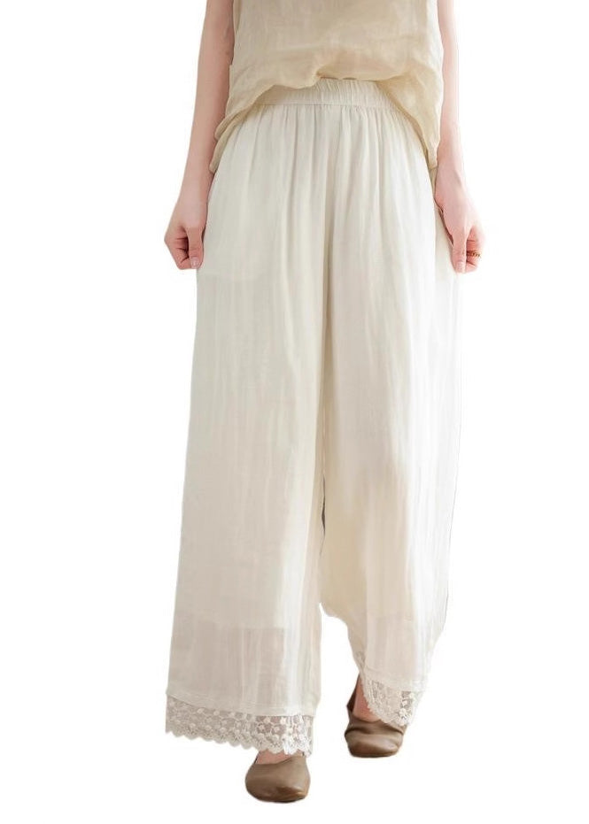 New Black Lace Patchwork Elastic Waist Linen Wide Leg Pants Summer