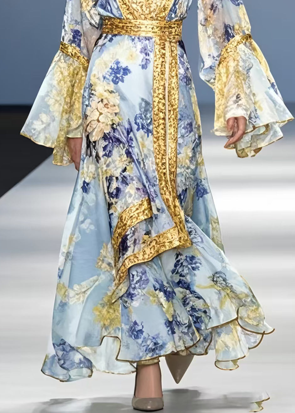 Blue Print Patchwork Chiffon Holiday Dress Flare Sleeve Spring