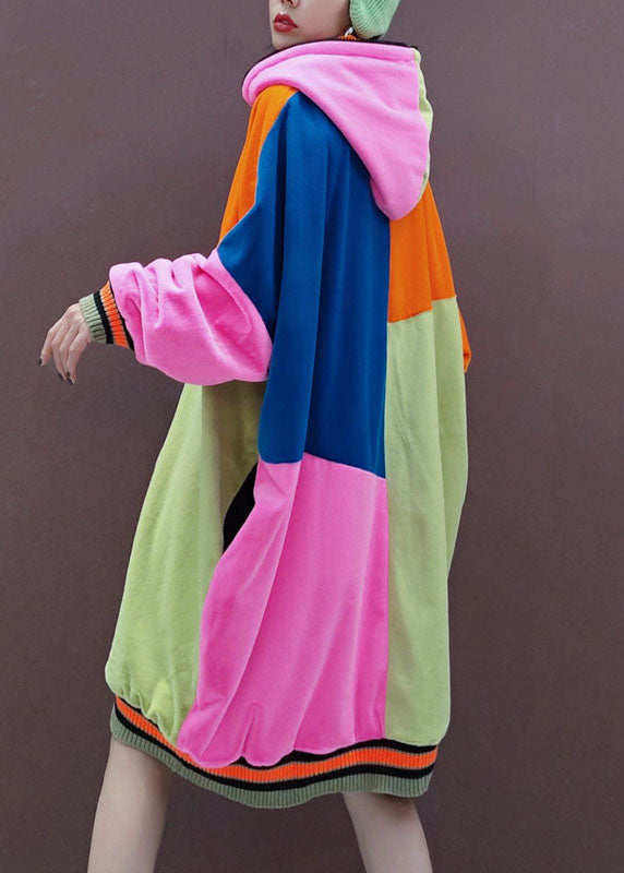 Italian Multi Hooded Pockets Patchwork Pullover Sweatshirt Dresses Spring