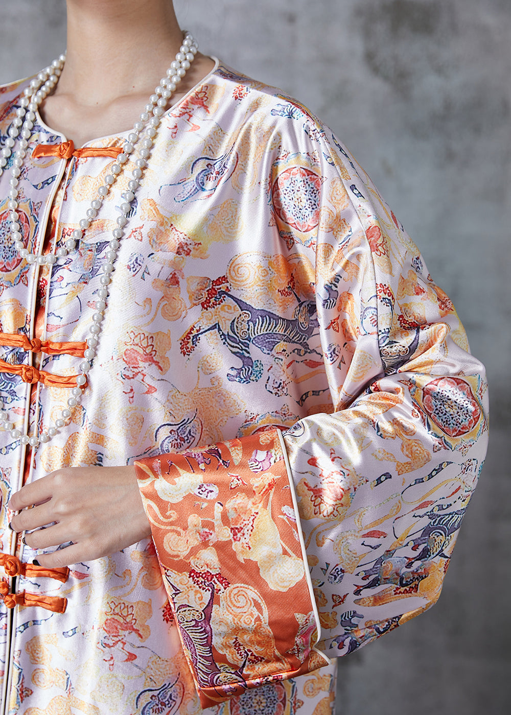 Apricot Oversized Print Silk Oriental Coats Spring