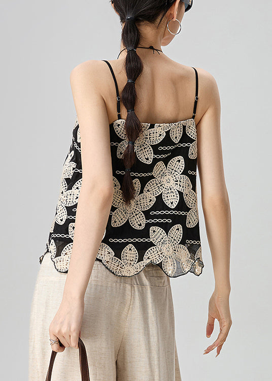 Handmade Black Embroidered Cotton Spaghetti Strap Tank Sleeveless