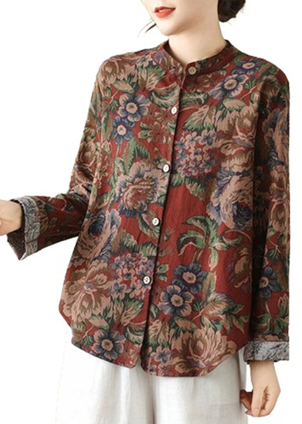 Stand Collar Print Button Cotton Coats Fall