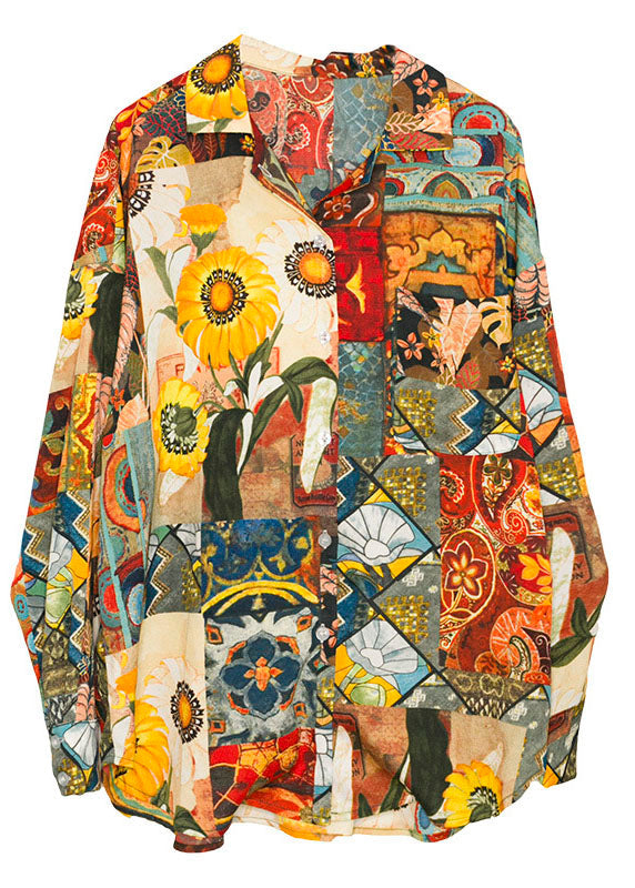 Khaki Peter Pan Collar Painting Print Cotton Shirt Tops Spring