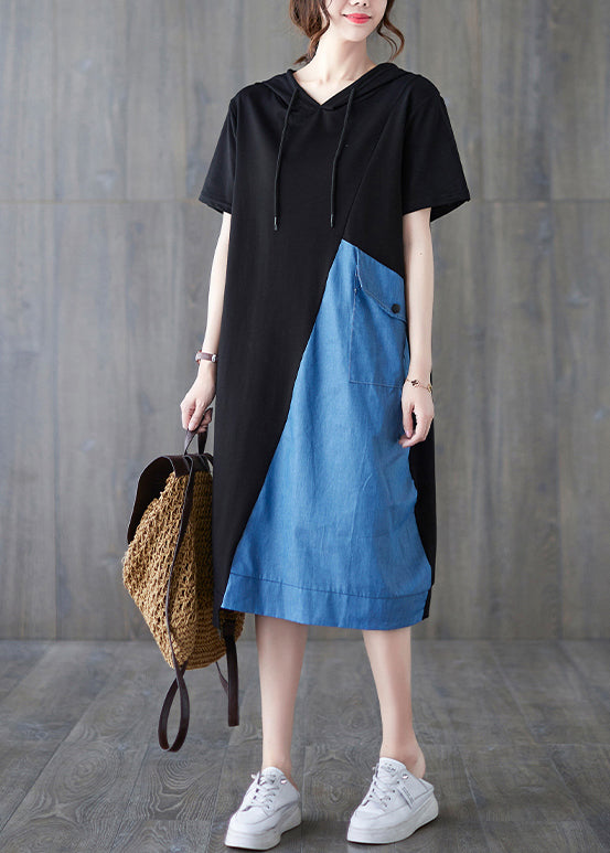 Blue Black Hooded Drawstring Patchwork Dress Short Sleeve Summer