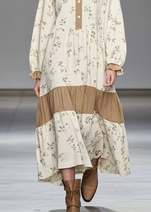 Fitted White Oversized Patchwork Print Velour Long Dresses Spring