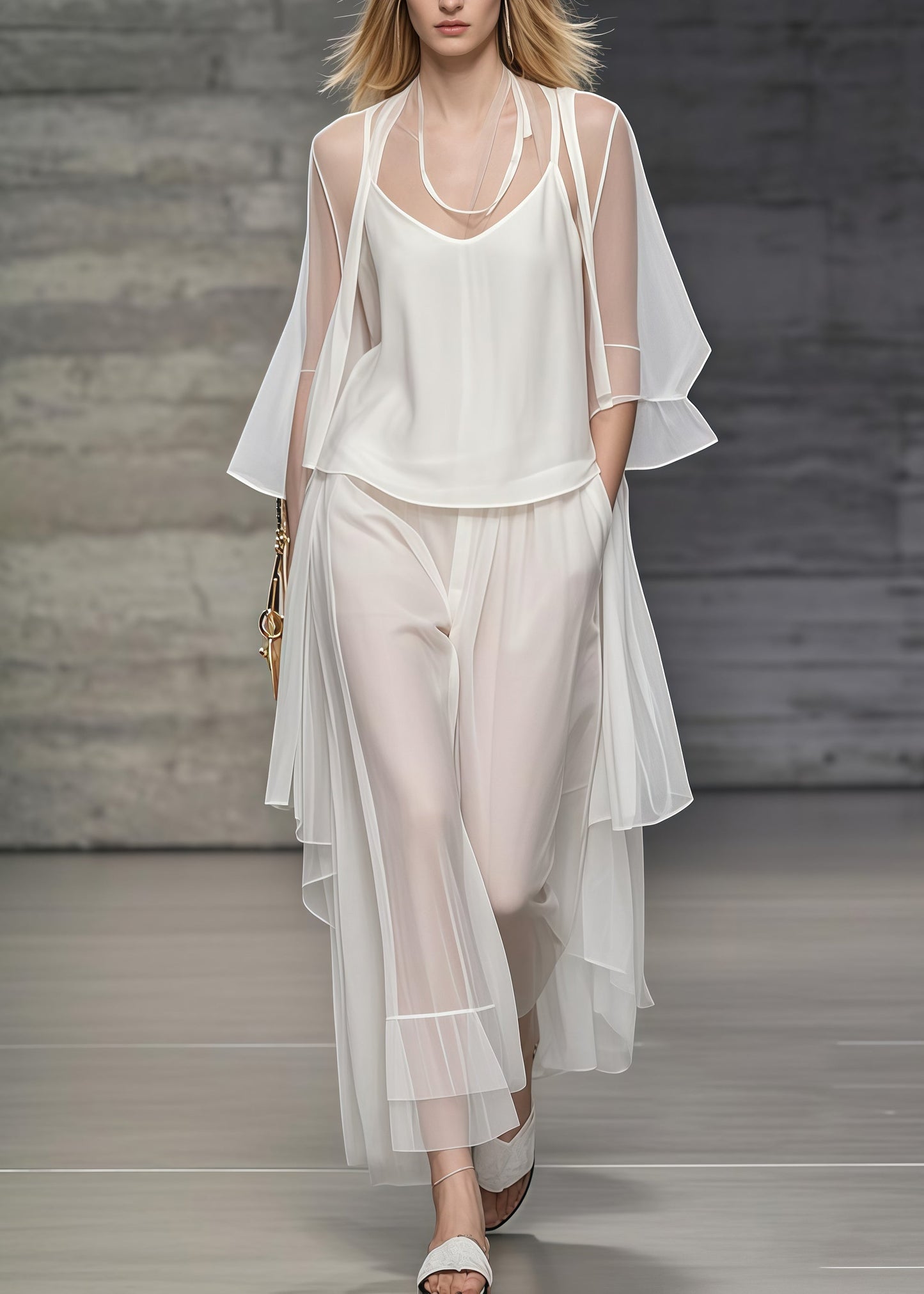 Simple White Oversized Draping Tulle Two Pieces Set Summer