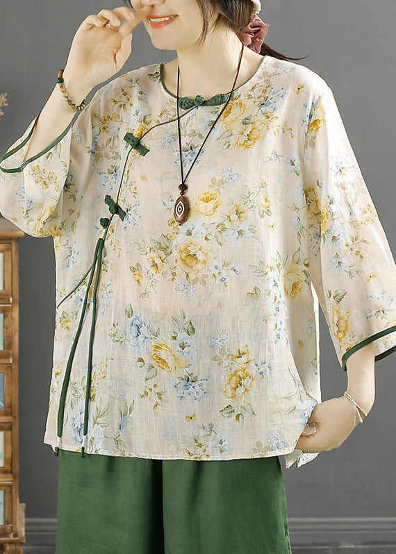 Green Tasseled Print Linen Shirt Spring