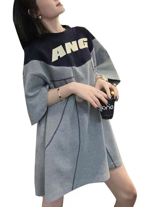 Grey O Neck Graphic Patchwork Cotton T Shirts Summer