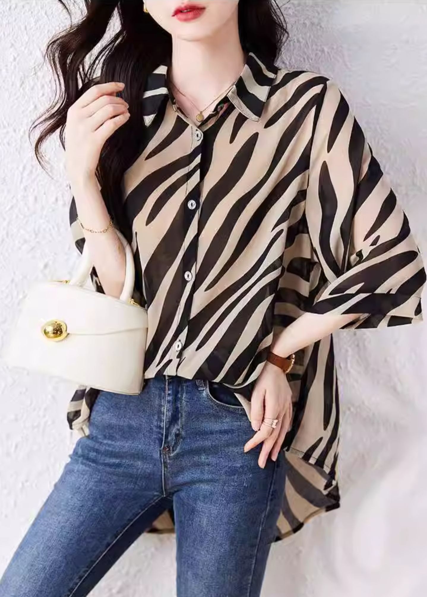 Brown Oversized Striped Chiffon Shirt Top Summer