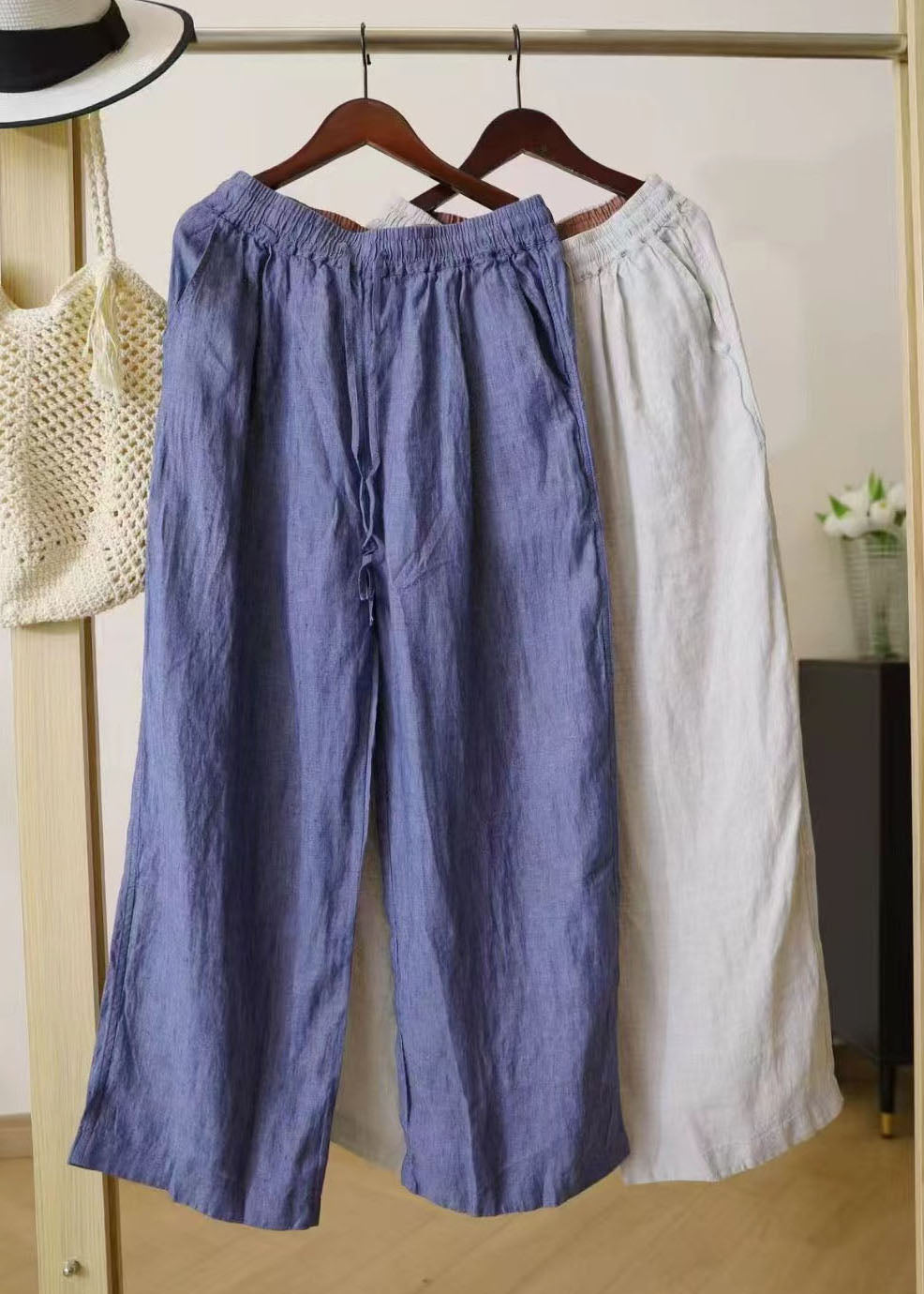 Blue Oversized Linen Straight Pants Summer