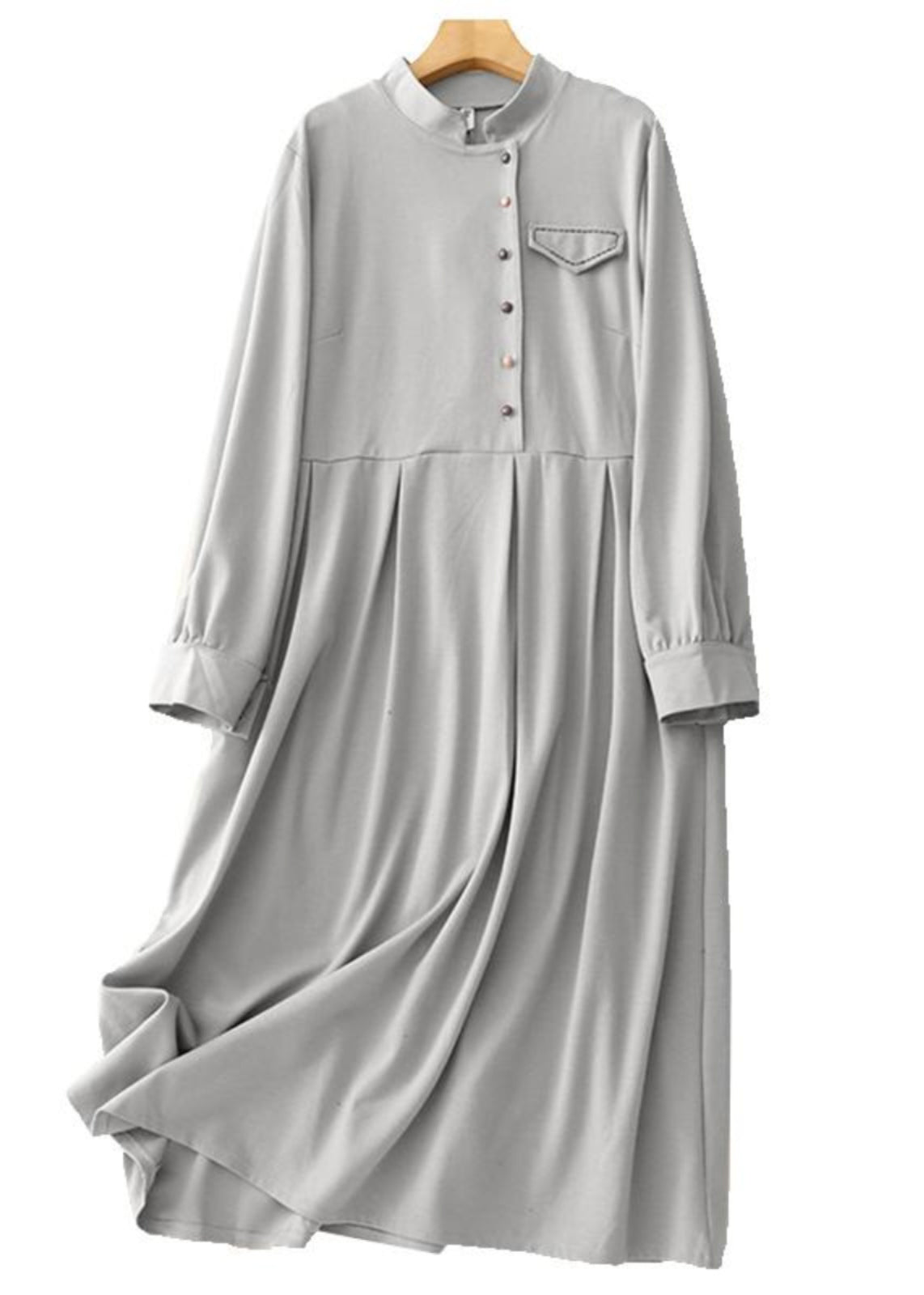 Light Blue Stand Collar Cotton Long Dresses Spring