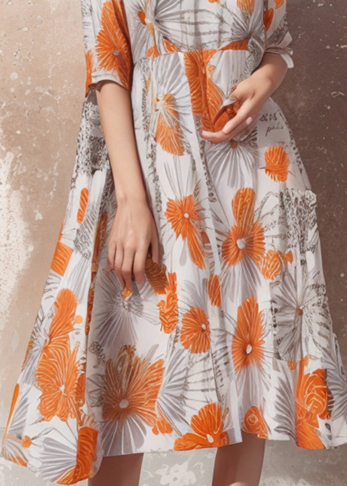 Orange Print Draping Silk Maxi Dress Oversized Summer