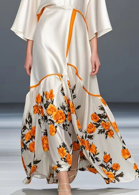 French White Oversized Print Silk Party Dress Bracelet Sleeve Summer