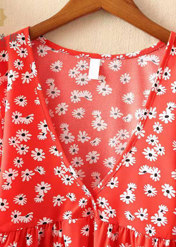 Unique Red V Neck Chiffon Shirt Tops Flare Sleeve