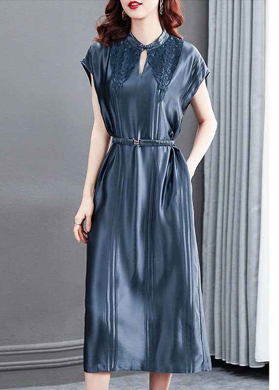Blue Stand Collar Cinched Silk Long Dresses Summer