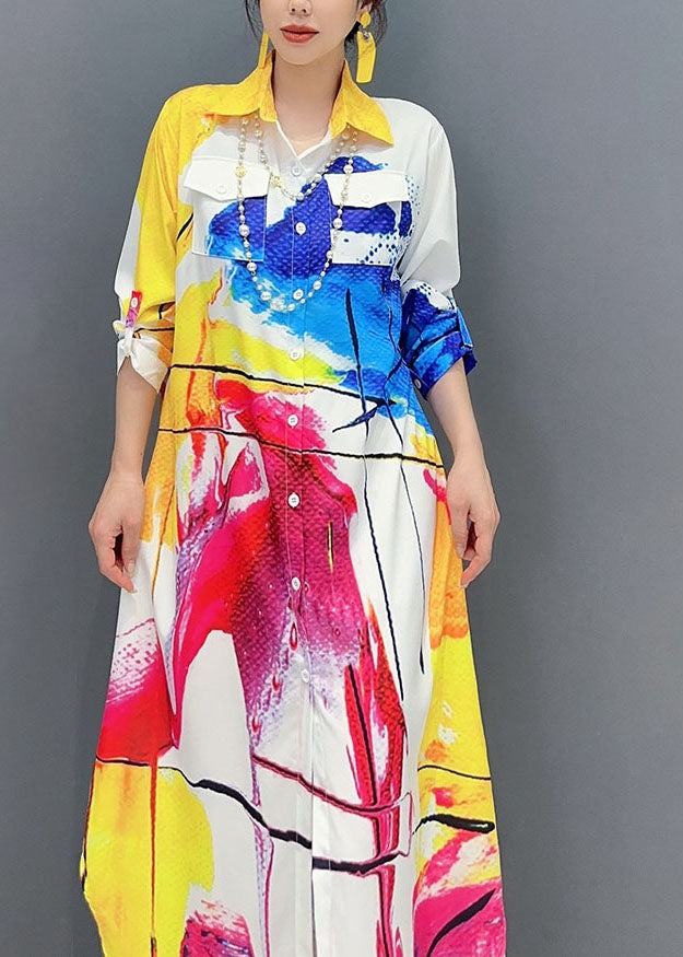 Colorblock Peter Pan Collar Print Button Maxi Shirts Dress Fall