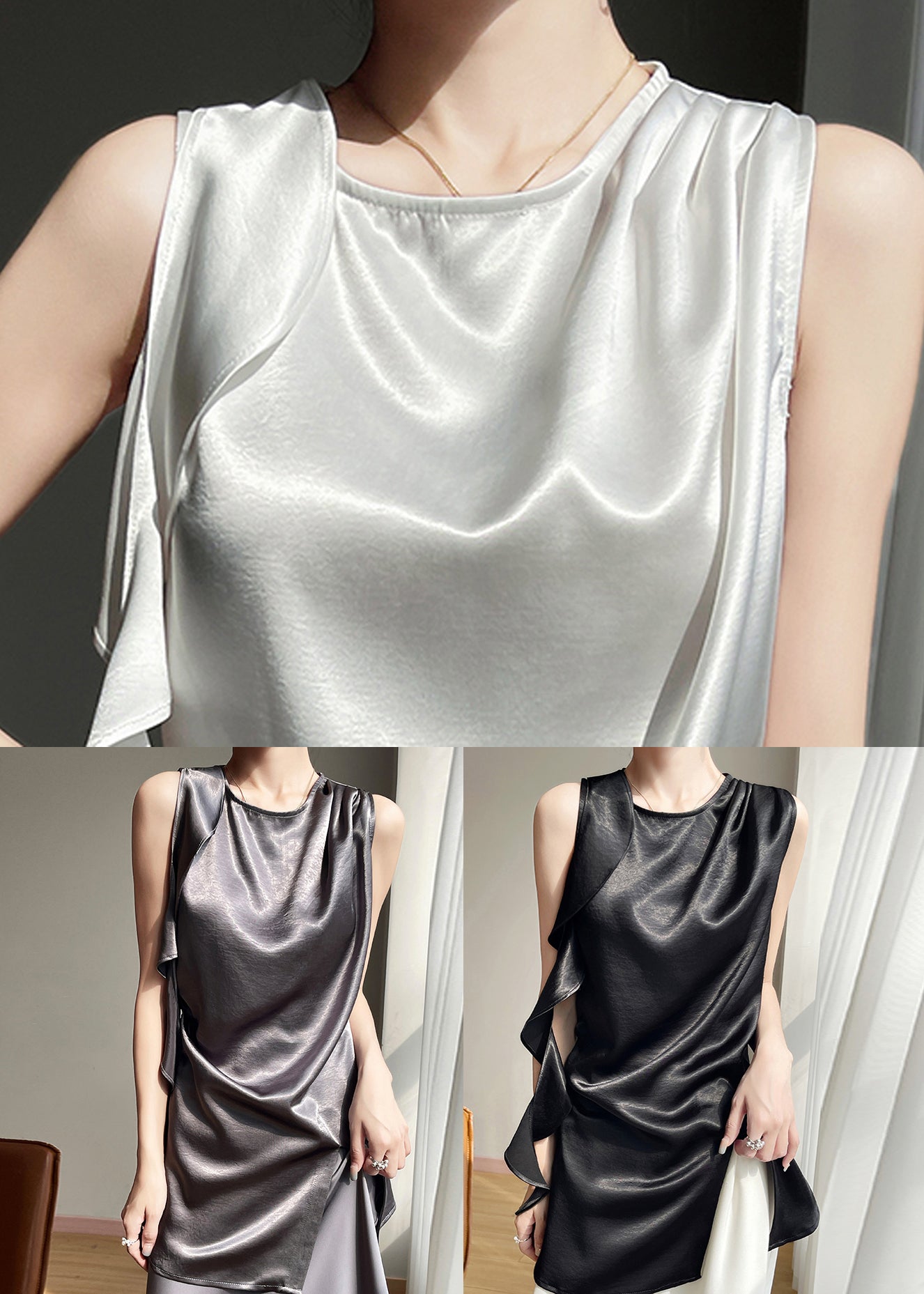 New Black Asymmetrical Silk Tanks Summer