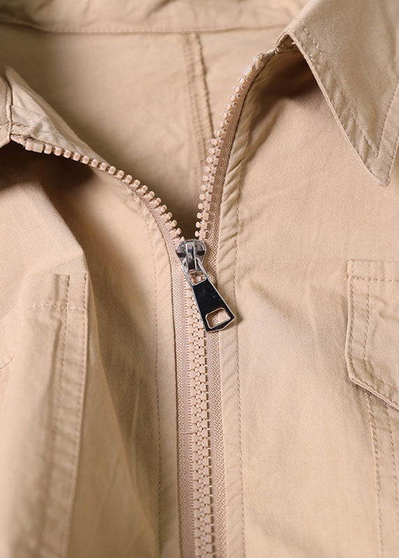 Classy Khaki Turn-down Collar Zip Up Pockets Cotton a Line Dress Summer