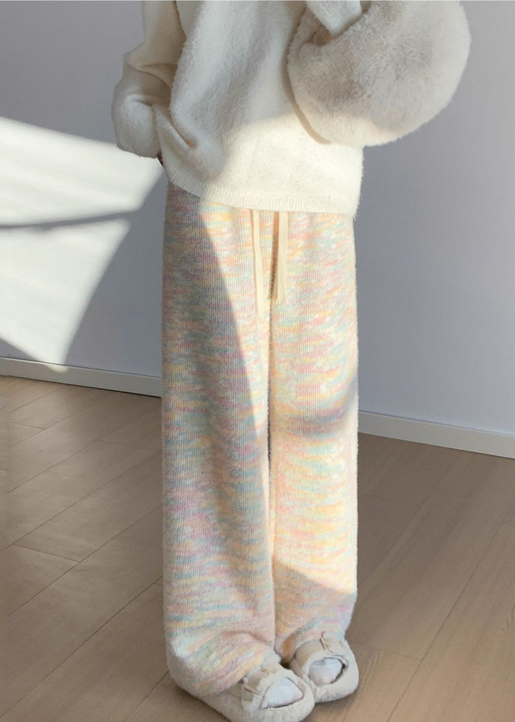 Rainbow Print Elastic Waist Warm Fleece Straight Pants Winter
